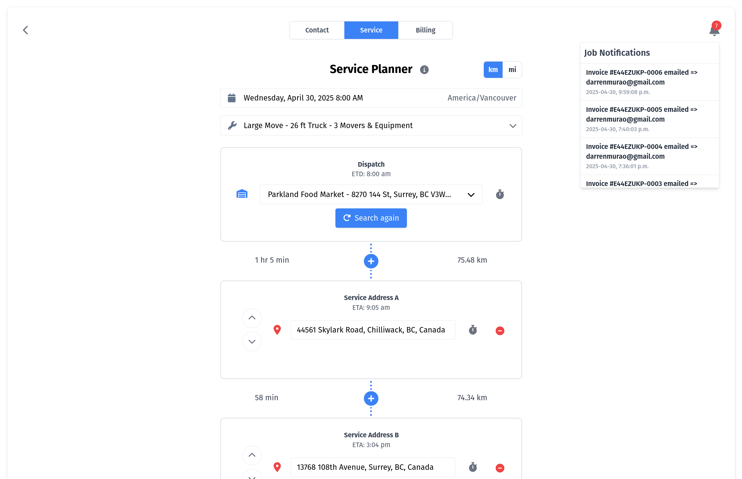 Job list with statuses and totals